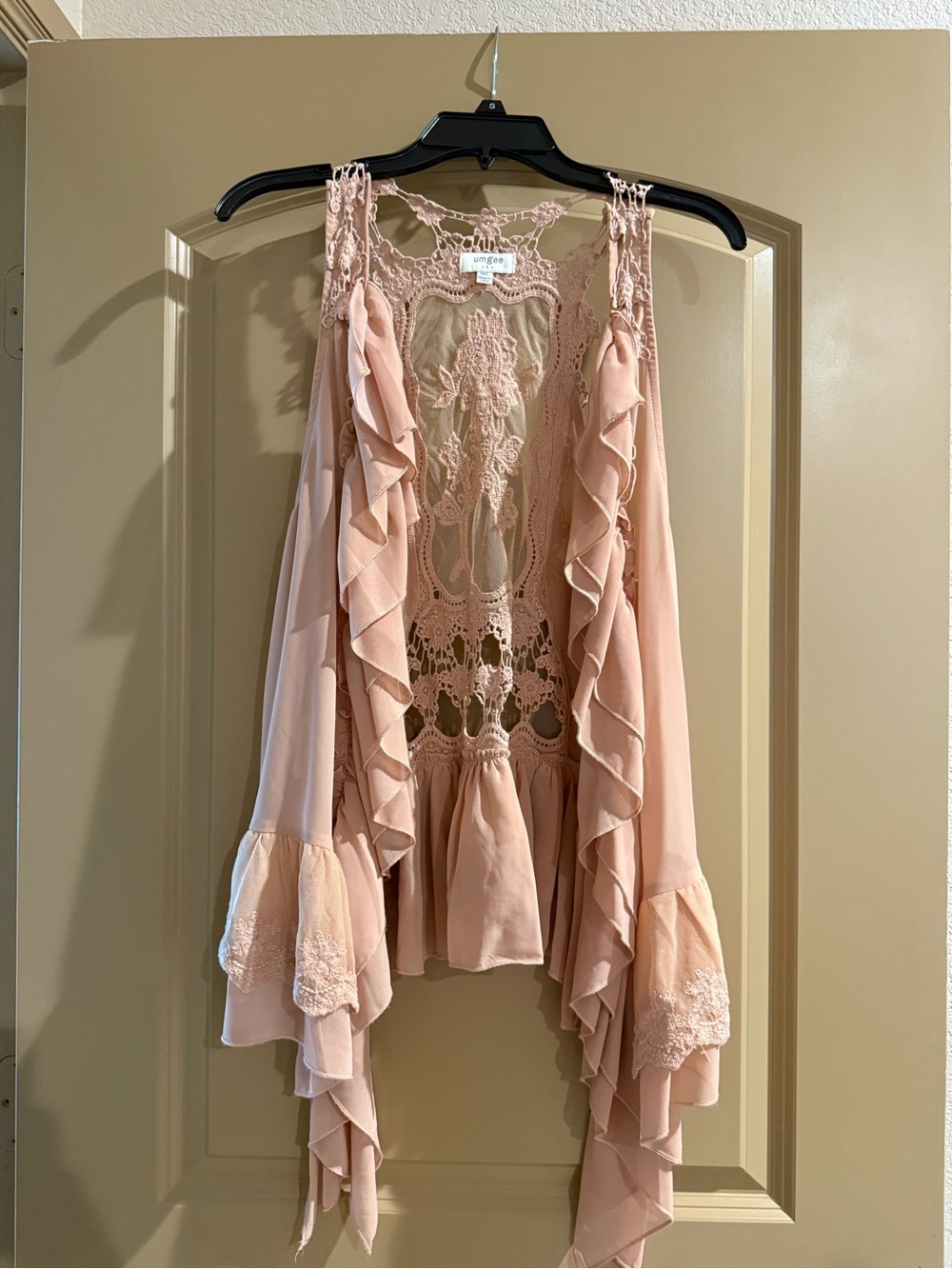 Umgee Blush Pink Lace Crochet Open Front Boho Kimono M/L
